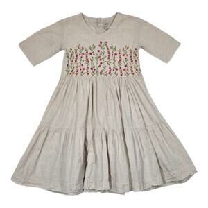 Utsa Kids Dress 11/12 years Beige Cotton Linen Tiered Embroidered Peasant Boho
